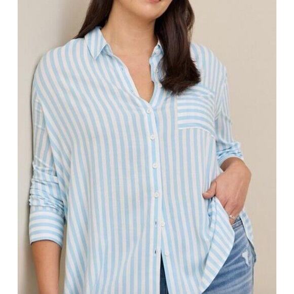 torrid Tops - Torrid | Blue & White Slub Drop Shoulder Stripes Button Front Top Size 1